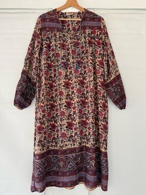 Kaiser Vintage 1970s Indian Cotton Gauzy Block Print Purple/pink  Dress Sz L D50